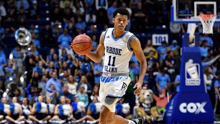 ``Nov 11, 2016; Kingston, RI, USA; Rhode Island Rams guard Jeff Dowtin (11) drives towards the basket against the Dartmouth Big Green during the first half at the Thomas M. Ryan Center. Mandatory Credit: Brian Fluharty-USA TODAY Sports