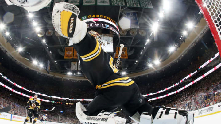 BOSTON, MASSACHUSETTS - JUNE 12: Tuukka Rask #40 of the Boston Bruins stops a shot against the St. Louis Blues during the second period in Game Seven of the 2019 NHL Stanley Cup Final at TD Garden on June 12, 2019 in Boston, Massachusetts. (Photo by Bruce Bennett/Getty Images)