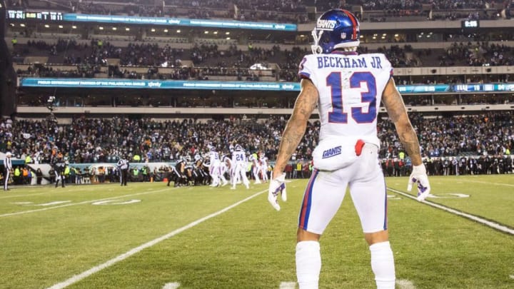 Dec 22, 2016; Philadelphia, PA, USA; New York Giants wide receiver Odell Beckham (13) watches from the sideline as time winds down on a Philadelphia Eagles victory at Lincoln Financial Field. The Philadelphia Eagles won 24-19. Mandatory Credit: Bill Streicher-USA TODAY Sports