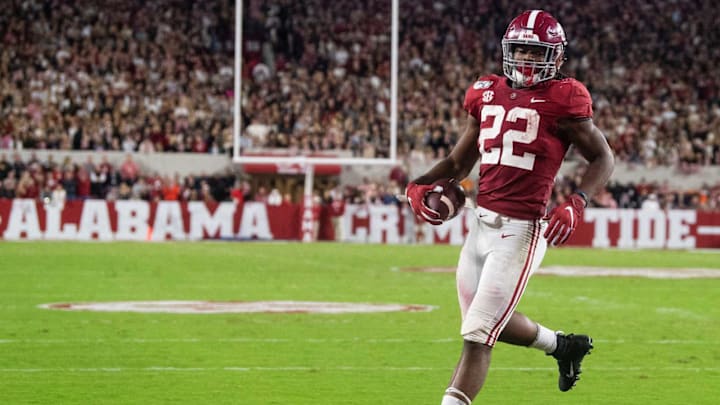 Alabama running back Najee Harris (22) rambles into the end zone untouched for a touchdown against Tennessee at Bryant-Denny Stadium in Tuscaloosa, Ala., on Saturday October 19, 2019.Bama711