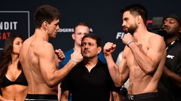 VANCOUVER, BC - AUGUST 26: (L-R) Opponents Demian Maia of Brazil and Carlos Condit of the United States face off during the UFC on FOX 21 Weigh-in at Rogers Arena on August 26, 2016 in Vancouver, British Columbia, Canada. (Photo by Jeff Bottari/Zuffa LLC/Zuffa LLC via Getty Images)