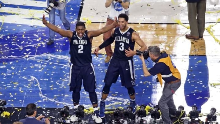 Apr 4, 2016; Houston, TX, USA; Villanova Wildcats forward Kris Jenkins (2) and guard Josh Hart (3) celebrate after defeating the North Carolina Tar Heels in the championship game of the 2016 NCAA Men Apr 4, 2016; Houston, TX, USA; Villanova Wildcats forward Kris Jenkins (2) and guard Josh Hart (3) celebrate after defeating the North Carolina Tar Heels in the championship game of the 2016 NCAA Men