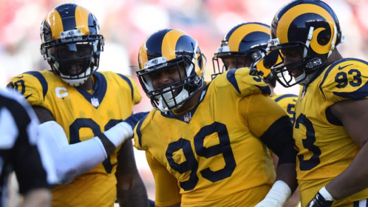 SANTA CLARA, CA - OCTOBER 21: Aaron Donald #99 of the Los Angeles Rams celebrates after a play against the San Francisco 49ers during their NFL game at Levi's Stadium on October 21, 2018 in Santa Clara, California. (Photo by Thearon W. Henderson/Getty Images)
