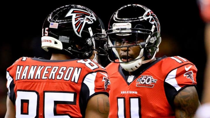 Oct 15, 2015; New Orleans, LA, USA; Atlanta Falcons wide receiver Julio Jones (11) and wide receiver Leonard Hankerson (85) before a game against the New Orleans Saints at the Mercedes-Benz Superdome. Mandatory Credit: Derick E. Hingle-USA TODAY Sports