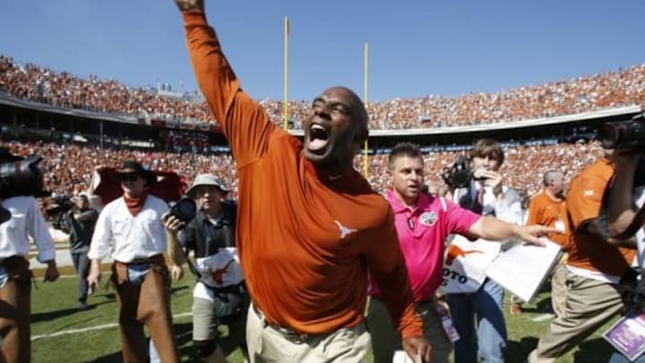 Oct 10, 2015; Dallas, TX, USA; Texas Longhorns head coach Charlie Strong celebrates winning the game against the Oklahoma Sooners during the Red River rivalry at Cotton Bowl Stadium. Texas won 24-17. Mandatory Credit: Tim Heitman-USA TODAY Sports