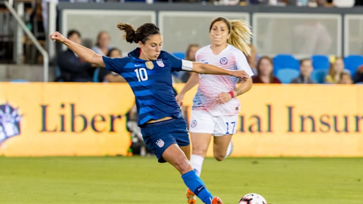 SAN JOSE, CA - SEPTEMBER 04: United States Women's National Team Midfielder Carli Lloyd (10) scores her second goal of the night during the United States Women's National Team against Chile on September 4, 2018, at Avaya Stadium in San Jose, CA. (Photo by Bob Kupbens/Icon Sportswire via Getty Images)