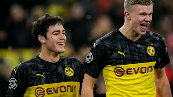 DORTMUND, GERMANY - FEBRUARY 18: (L-R) Giovanni Reyna of Borussia Dortmund, Erling Braut Haaland of Borussia Dortmund during the UEFA Champions League match between Borussia Dortmund v Paris Saint Germain at the Signal Iduna Park on February 18, 2020 in Dortmund Germany (Photo by Erwin Spek/Soccrates/Getty Images)