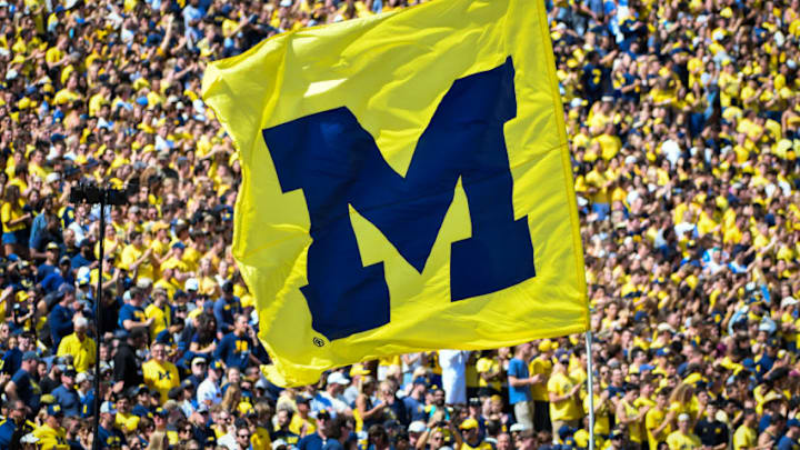 ANN ARBOR, MI - SEPTEMBER 07: A Michigan Wolverines flag following a touchdown during the Michigan Wolverines versus Army Black Knights game on Saturday September 7, 2019 at Michigan Stadium in Ann Arbor, MI.(Photo by Steven King/Icon Sportswire via Getty Images)