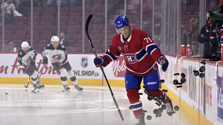 Oct 26, 2023; Montreal, Quebec, CAN; Montreal Canadiens forward Jake Evans. Mandatory Credit: Eric Bolte-USA TODAY Sports