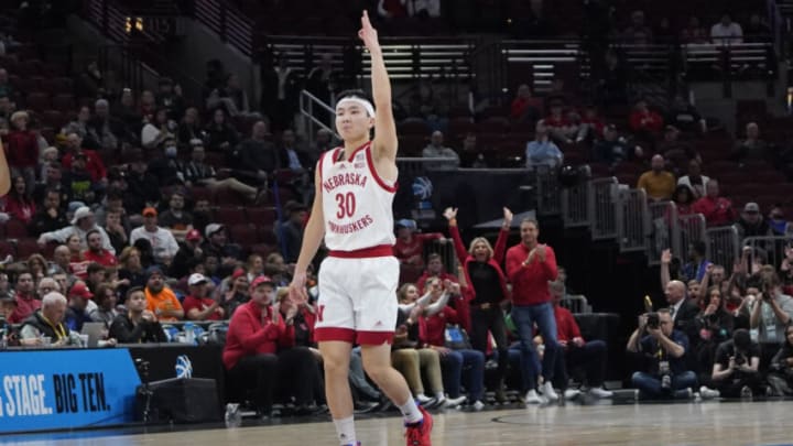 Mar 8, 2023; Chicago, IL, USA; Nebraska Cornhuskers guard Keisei Tominaga (30) gestures after making a three point basket against the Minnesota Golden Gophers during the first half at United Center. Mandatory Credit: David Banks-USA TODAY Sports