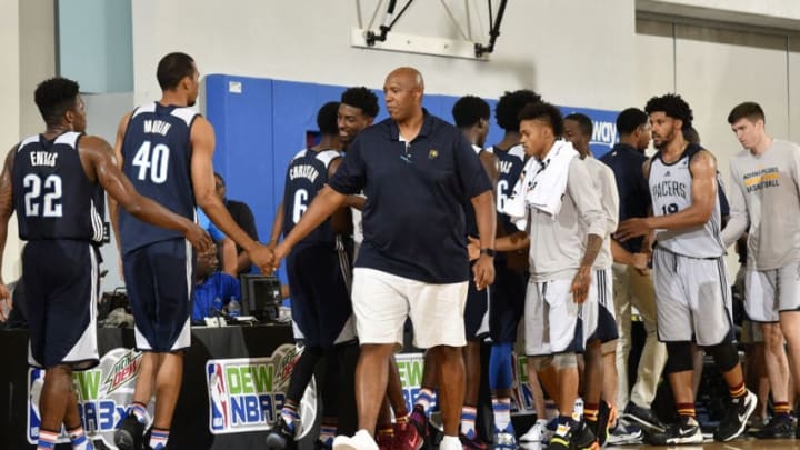 ORLANDO, FL - JULY 6: Popeye Jones of the Indiana Pacers leads his team in the handshake line after the Mountain Dew Orlando Pro Summer League game against the Oklahoma City Thunder on July 6, 2017 at Amway Center in Orlando, Florida. NOTE TO USER: User expressly acknowledges and agrees that, by downloading and or using this photograph, User is consenting to the terms and conditions of the Getty Images License Agreement. Mandatory Copyright Notice: Copyright 2017 NBAE (Photo by Fernando Medina/NBAE via Getty Images)