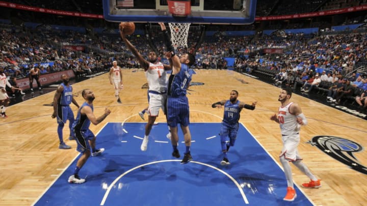 ORLANDO, FL - FEBRUARY 22: Emmanuel Mudiay #1 of the New York Knicks handles the ball against the Orlando Magic and on February 22, 2018 at Amway Center in Orlando, Florida. NOTE TO USER: User expressly acknowledges and agrees that, by downloading and or using this photograph, User is consenting to the terms and conditions of the Getty Images License Agreement. Mandatory Copyright Notice: Copyright 2018 NBAE (Photo by Fernando Medina/NBAE via Getty Images)
