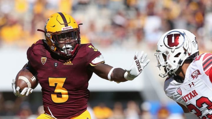 TEMPE, AZ - NOVEMBER 03: Running back Eno Benjamin #3 of the Arizona State Sun Devils rushes the football against the Utah Utes during the first half of the college football game at Sun Devil Stadium on November 3, 2018 in Tempe, Arizona. (Photo by Christian Petersen/Getty Images)