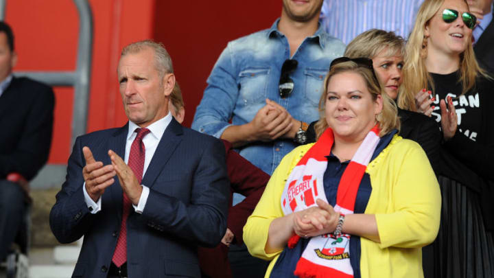 SOUTHAMPTON, ENGLAND - AUGUST 09: Southampton chairman Ralph Krueger and Southampton owner Katharina Liebherr before the start of the pre season friendly match between Southampton and Bayer Leverkusen at St Mary's Stadium on August 9, 2014 in Southampton, England. (Photo by Robin Parker/Getty Images)