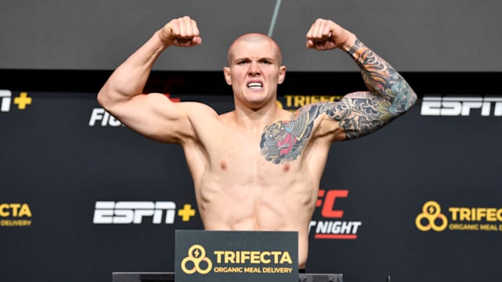 LAS VEGAS, NEVADA - DECEMBER 04: In this UFC handout, Marvin Vettori of Italy poses on the scale during the UFC Fight Night weigh-in at UFC APEX on December 04, 2020 in Las Vegas, Nevada. (Photo by Chris Unger/Zuffa LLC via Getty Images)