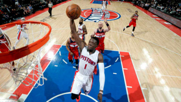 AUBURN HILLS, MI – APRIL 8: Reggie Jackson #1 of the Detroit Pistons goes to the basket against the Washington Wizards on April 8, 2016 at The Palace of Auburn Hills in Auburn Hills, Michigan. NOTE TO USER: User expressly acknowledges and agrees that, by downloading and/or using this photograph, User is consenting to the terms and conditions of the Getty Images License Agreement. Mandatory Copyright Notice: Copyright 2016 NBAE (Photo by B. Sevald/Einstein/NBAE via Getty Images)