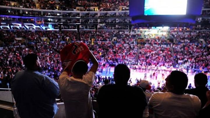 Apr 29, 2014; Los Angeles, CA, USA; Los Angeles Clippers fan flips his jersey as the Los Angeles Clippers are introduced before the game against the Golden State Warriors in game five of the first round of the 2014 NBA Playoffs at Staples Center. Mandatory Credit: Kelvin Kuo-USA TODAY Sports