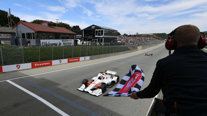 MONTEREY, CALIFORNIA - SEPTEMBER 22: Colton Herta #88 of United States and Capstone Turbine Honda crosses the finish line to win the NTT IndyCar Series Firestone Grand Prix of Monterey at WeatherTech Raceway Laguna Seca on September 22, 2019 in Monterey, California. (Photo by Robert Reiners/Getty Images)