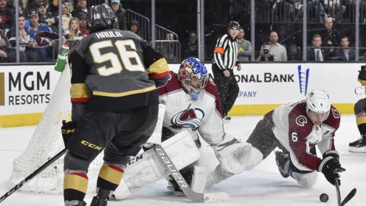 LAS VEGAS, NV - MARCH 26: Semyon Varlamov #1 and Erik Johnson #6 of the Colorado Avalanche defend their goal against Erik Haula #56 of the Vegas Golden Knights during the game at T-Mobile Arena on March 26, 2018 in Las Vegas, Nevada. (Photo by Jeff Bottari/NHLI via Getty Images)