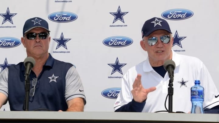 Jul 29, 2016, Oxnard, CA, USA; Dallas Cowboys executive vice president Stephen Jones (left) and owner Jerry Jones at press conference at the River Ridge Fields. Mandatory Credit: Kirby Lee-USA TODAY Sports Jul 29, 2016, Oxnard, CA, USA; Dallas Cowboys executive vice president Stephen Jones (left) and owner Jerry Jones at press conference at the River Ridge Fields. Mandatory Credit: Kirby Lee-USA TODAY Sports