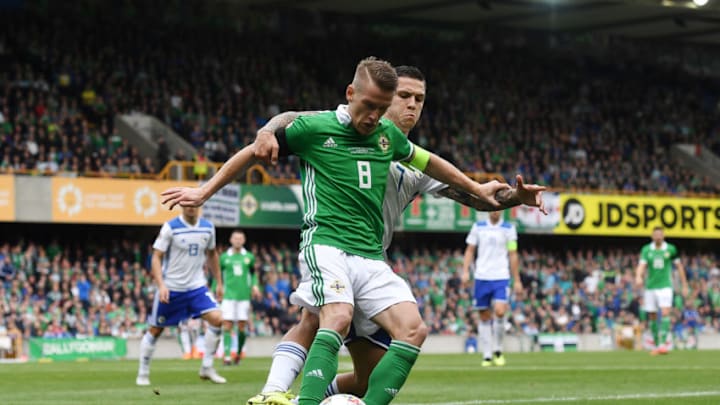 BELFAST, NORTHERN IRELAND - SEPTEMBER 08: Steve Davis of Northern Ireland and Muhamed Besic of Bosnia-Herzegovina during the UEFA Nations League B group three match between Northern Ireland and Bosnia-Herzegovina at Windsor Park on September 8, 2018 in Belfast, Northern Ireland. (Photo by Charles McQuillan/Getty Images)