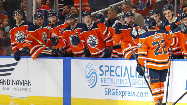 Apr 29, 2022; Edmonton, Alberta, CAN; The Edmonton Oilers celebrate a goal by defensemen Tyson Barrie (22) during the third period against Vancouver Canucks at Rogers Place. Mandatory Credit: Perry Nelson-USA TODAY Sports