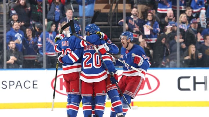 NEW YORK, NY - NOVEMBER 24: Brady Skjei #76 of the New York Rangers celebrates with teammates after scoring a goal in the second period against the Washington Capitals at Madison Square Garden on November 24, 2018 in New York City. (Photo by Jared Silber/NHLI via Getty Images)