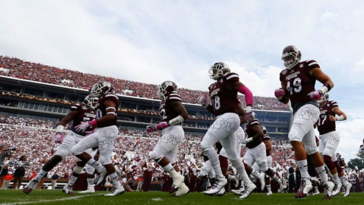 STARKVILLE, MS - OCTOBER 11: The Mississippi State Bulldogs enter the field prior to facing the Auburn Tigers at Davis Wade Stadium on October 11, 2014 in Starkville, Mississippi. (Photo by Kevin C. Cox/Getty Images)