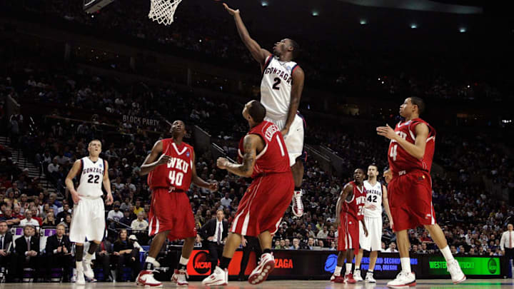 PORTLAND, OR - MARCH 21: Jeremy Pargo #2 of the Gonzaga Bulldogs goes up for a shot over Sergio Kerusch #1 of the Western Kentucky Hilltoppers in the second half during the second round of the NCAA Division I Men's Basketball Tournament at the Rose Garden on March 21, 2009 in Portland, Oregon. (Photo by Jonathan Ferrey/Getty Images)