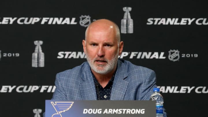 BOSTON, MASSACHUSETTS - MAY 26: General Manager Doug Armstrong of the St. Louis Blues speaks during Media Day ahead of the 2019 NHL Stanley Cup Final at TD Garden on May 26, 2019 in Boston, Massachusetts. (Photo by Bruce Bennett/Getty Images)
