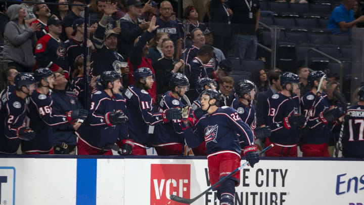 COLUMBUS, OH – SEPTEMBER 17: Columbus Blue Jackets left wing Sonny Milano #22 celebrates a goal during the preseason game between the Buffalo Sabres and the Columbus Blue Jackets at Nationwide Arena on September 17, 2019. (Photo by Jason Mowry/Icon Sportswire via Getty Images)
