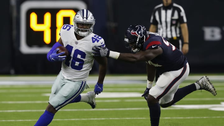 HOUSTON, TX – AUGUST 30: Jordan Chunn #46 of the Dallas Cowboys rushes past Ufomba Kamalu #94 of the Houston Texans in the second half of the preseason game at NRG Stadium on August 30, 2018 in Houston, Texas. (Photo by Tim Warner/Getty Images)
