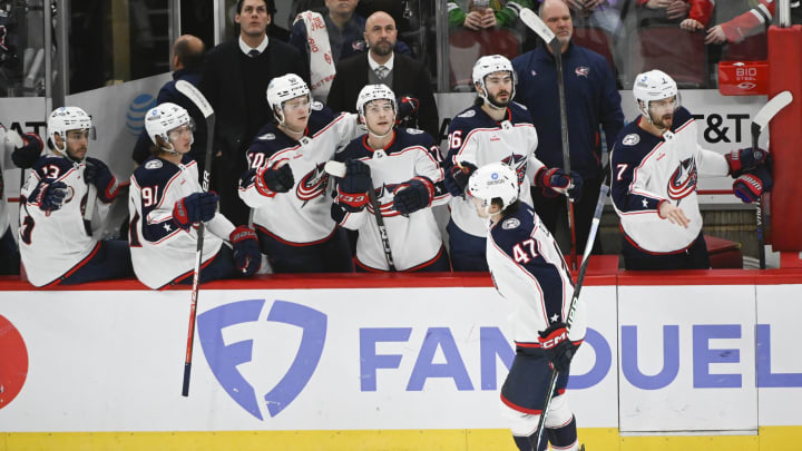Dec 23, 2022; Chicago, Illinois, USA; Columbus Blue Jackets defenseman Marcus Bjork (47) celebrates after he scores against the Chicago Blackhawks during the third period at the United Center. Mandatory Credit: Matt Marton-USA TODAY Sports