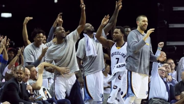 Oct 11, 2016; Memphis, TN, USA; Memphis Grizzlies guard Tony Allen (second from left) and center Marc Gasol (far right) react after a three point shot in the second half against the Philadelphia 76ers at FedExForum. Memphis defeated Philadelphia 121-91. Mandatory Credit: Nelson Chenault-USA TODAY Sports