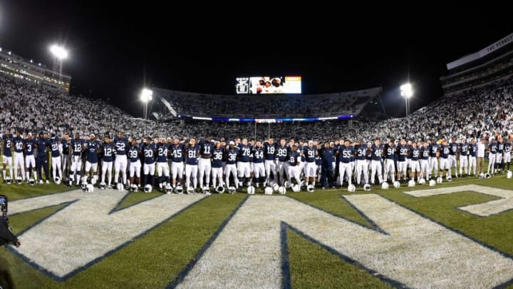 Nov 5, 2016; University Park, PA, USA; Penn State Nittany Lions players and coaches sing the Alma Mater following the game against the Iowa Hawkeyes at Beaver Stadium. Penn State defeated Iowa 41-14. Mandatory Credit: Rich Barnes-USA TODAY Sports