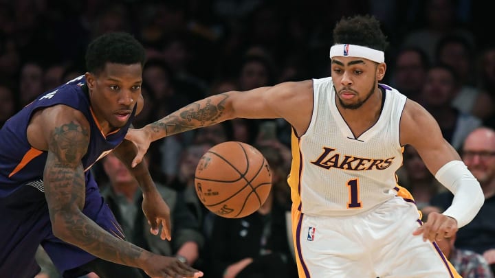 Nov 6, 2016; Los Angeles, CA, USA; Los Angeles Lakers guard D'Angelo Russell (1) goes for the ball against Phoenix Suns guard Eric Bledsoe (2) during the second half of a NBA game at Staples Center. Mandatory Credit: Kirby Lee-USA TODAY Sports
