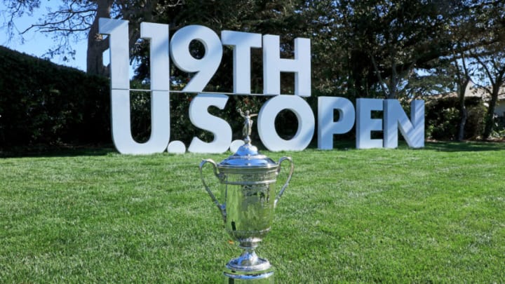 PEBBLE BEACH, CA - NOVEMBER 08: The United States Open Championship trophy placed beside the first tee during the USGA 2019 US Open Championship media preview day at Pebble Beach Golf Links on November 8, 2018 in Pebble Beach, California. (Photo by David Cannon/Getty Images)