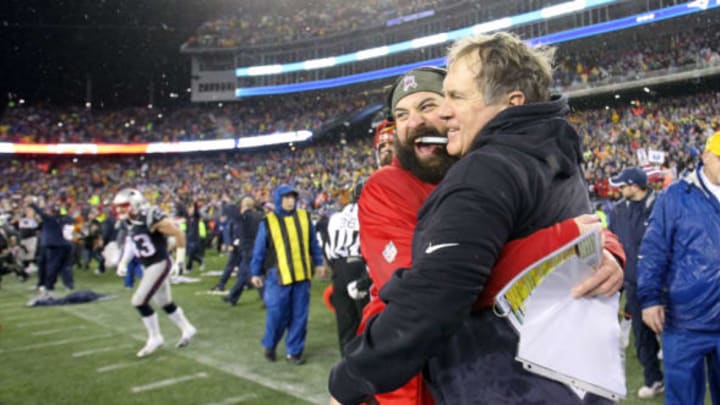FOXBORO, MA – JANUARY 18: Defensive Coordinator Matt Patricia and head coach Bill Belichick of the New England Patriots celebrate after defeating the Indianapolis Colts in the 2015 AFC Championship Game at Gillette Stadium on January 18, 2015 in Foxboro, Massachusetts. The Patriots defeated the Colts 45-7. (Photo by Jim Rogash/Getty Images)