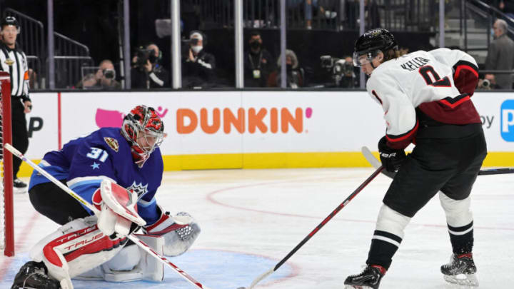 LAS VEGAS, NEVADA - FEBRUARY 05: Frederik Andersen #31 of the Carolina Hurricanes blocks a shot by Clayton Keller #9 of the Arizona Coyotes during the game between the Metropolitan Division and the Central Division during the 2022 Honda NHL All-Star Game at T-Mobile Arena on February 05, 2022 in Las Vegas, Nevada. (Photo by Ethan Miller/Getty Images)