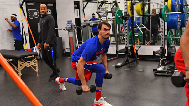 PHILADELPHIA,PA - DECEMBER 15: Dario Saric #9 of the Philadelphia 76ers works out before the game against the Oklahoma City Thunder at Wells Fargo Center on December 15, 2017 in Philadelphia, Pennsylvania NOTE TO USER: User expressly acknowledges and agrees that, by downloading and/or using this Photograph, user is consenting to the terms and conditions of the Getty Images License Agreement. Mandatory Copyright Notice: Copyright 2017 NBAE (Photo by Jesse D. Garrabrant/NBAE via Getty Images)