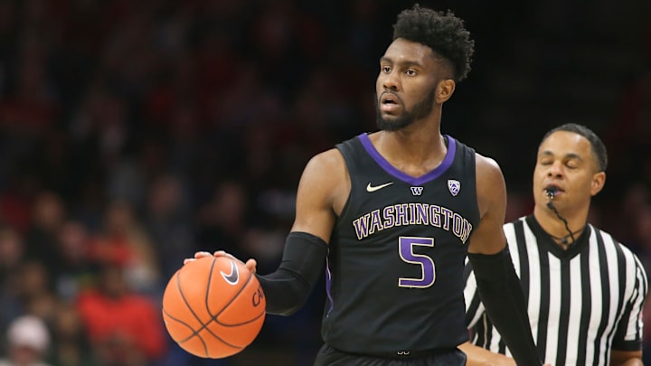 TUCSON, AZ – FEBRUARY 07: Washington Huskies guard Jaylen Nowell (5) dribbles the ball during a college basketball game between the Washington Huskies and the Arizona Wildcats on February 07, 2019, at McKale Center in Tucson, AZ. (Photo by Jacob Snow/Icon Sportswire via Getty Images)