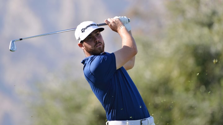 Jan 16, 2020; La Quinta, California, USA; Matthew Wolff plays his shot from the third tee during the first round of The American Express golf tournament at La Quinta Country Club. Mandatory Credit: Orlando Ramirez-USA TODAY Sports