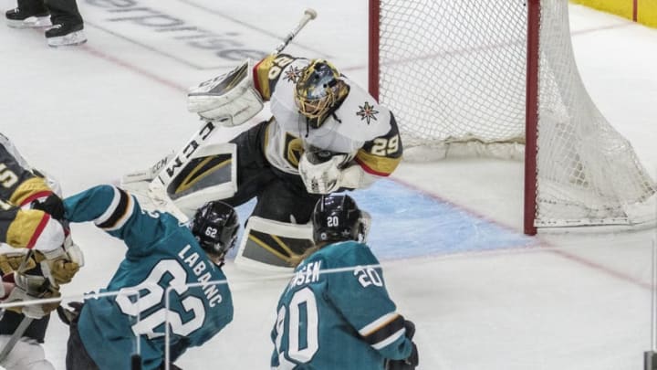 SAN JOSE, CA - APRIL 23: Vegas Golden Knights goaltender Marc-Andre Fleury (29) pulls in a shot attempt by San Jose Sharks right wing Kevin Labanc (62) during overtime in Game 7, Round 1 between the Vegas Golden Knights and the San Jose Sharks on Tuesday, April 23, 2019 at the SAP Center in San Jose, California. (Photo by Douglas Stringer/Icon Sportswire via Getty Images)