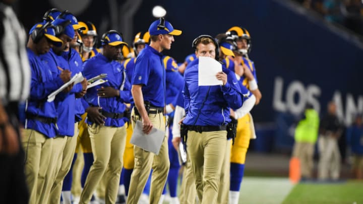 LOS ANGELES, CA - SEPTEMBER 27: Head coach Sean McVay of the Los Angeles Rams looks on from the sidelines during the third quarter against the Minnesota Vikings at Los Angeles Memorial Coliseum on September 27, 2018 in Los Angeles, California. (Photo by Harry How/Getty Images)