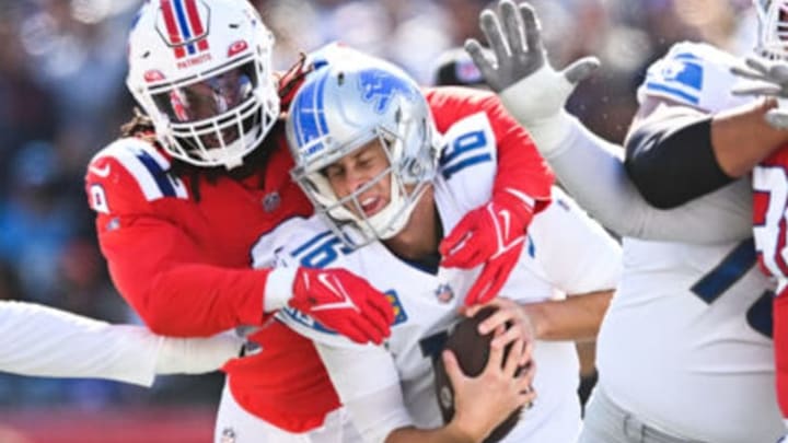 FOXBOROUGH, MA – OCTOBER 9, 2022: Matthew Judon #9 of the New England Patriots sacks Jared Goff #16 of the Detroit Lions during the game at Gillette Stadium on October 9, 2022 in Foxborough, Massachusetts. (Photo by Kathryn Riley/Getty Images)