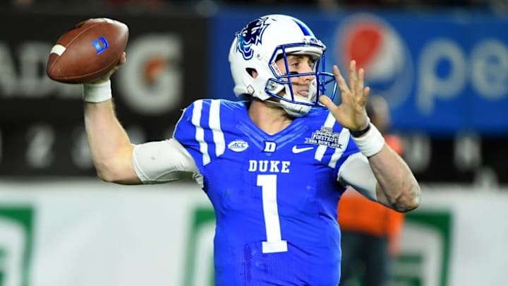 Dec 26, 2015; Bronx, NY, USA; Duke Blue Devils quarterback Thomas Sirk (1) passes the ball against the Indiana Hoosiers during the third quarter in the 2015 New Era Pinstripe Bowl at Yankee Stadium. The Blue Devils won 44-41 in overtime. Mandatory Credit: Rich Barnes-USA TODAY Sports