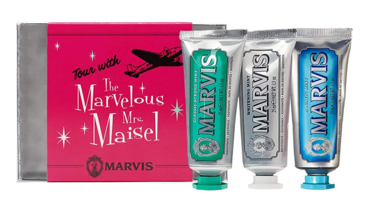 Discover Marvis's 'The Marvelous Mrs. Maisel' themed toothpaste set on Amazon.