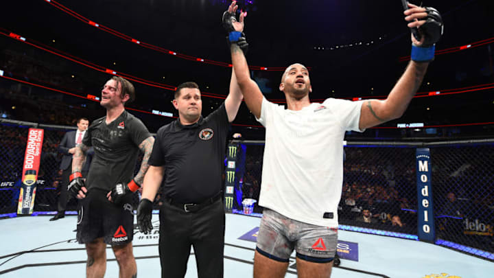 CHICAGO, ILLINOIS - JUNE 09: (R-L) Mike Jackson celebrates after defeating CM Punk in their welterweight fight during the UFC 225 event at the United Center on June 9, 2018 in Chicago, Illinois. (Photo by Josh Hedges/Zuffa LLC/Zuffa LLC via Getty Images)