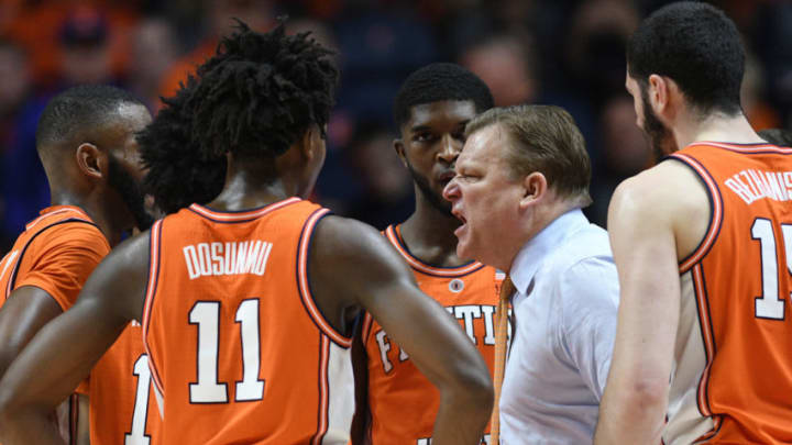 CHAMPAIGN, IL - FEBRUARY 23: Illinois Fighting Illini Head Coach Brad Underwood pumps up his players during the Big Ten Conference college basketball game between the Penn State Nittany Lions and the Illinois Fighting Illini on February 23, 2019, at the State Farm Center in Champaign, Illinois. (Photo by Michael Allio/Icon Sportswire via Getty Images)