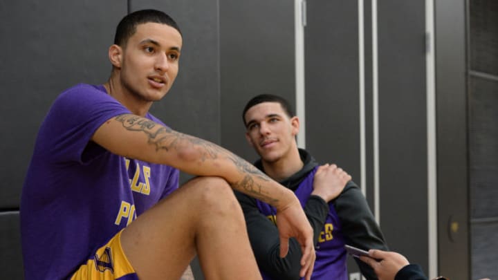 EL SEGUNDO, CA - FEBRUARY 12: Kyle Kuzma #0 and Lonzo Ball #2 of the Los Angeles Lakers talk during an all access practice on February 12, 2018 at UCLA Heath Training Center in El Segundo, California. NOTE TO USER: User expressly acknowledges and agrees that, by downloading and or using this photograph, User is consenting to the terms and conditions of the Getty Images License Agreement. Mandatory Copyright Notice: Copyright 2018 NBAE (Photo by Andrew D. Bernstein/NBAE via Getty Images)